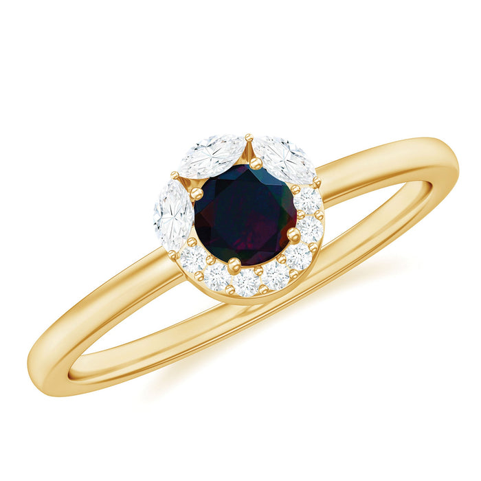 Minimal Black Opal and Diamond Halo Promise Ring by Rosec Jewels featuring a black opal centerpiece with a diamond halo.