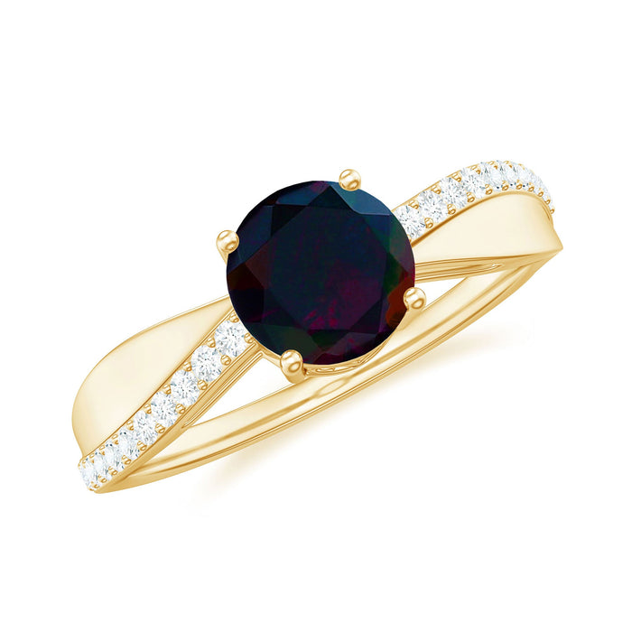 Elegant black opal and diamond solitaire engagement ring by Rosec Jewels featuring a sleek band and sparkling gemstone centerpiece.