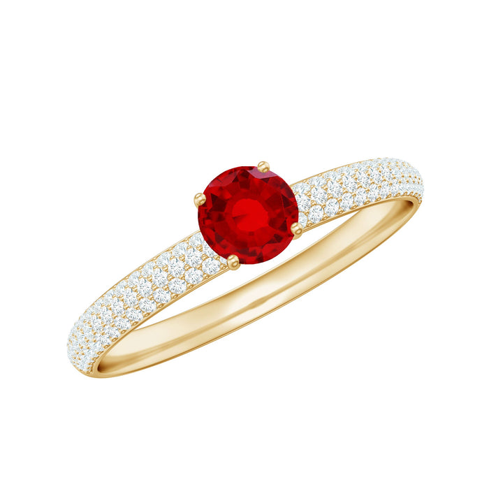 Minimalist lab-created ruby ring with diamond side stones, showcasing a sleek design and sparkling accents from Rosec Jewels.
