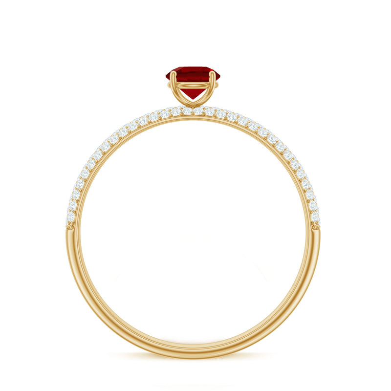 Minimalist lab-created ruby ring with diamond side stones from Rosec Jewels, showcasing a sleek design and vibrant red gemstone.