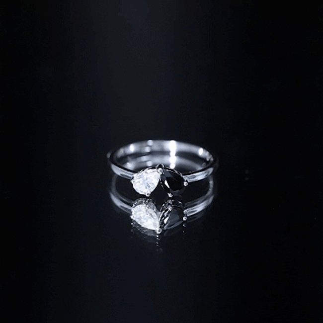 Lab created black and white diamond 2-stone ring by Rosec Jewels, showcasing a sleek, elegant design with sparkling diamonds.