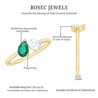 Certified Pear Shape Lab Grown Emerald Toi Et Moi Ring with Diamond