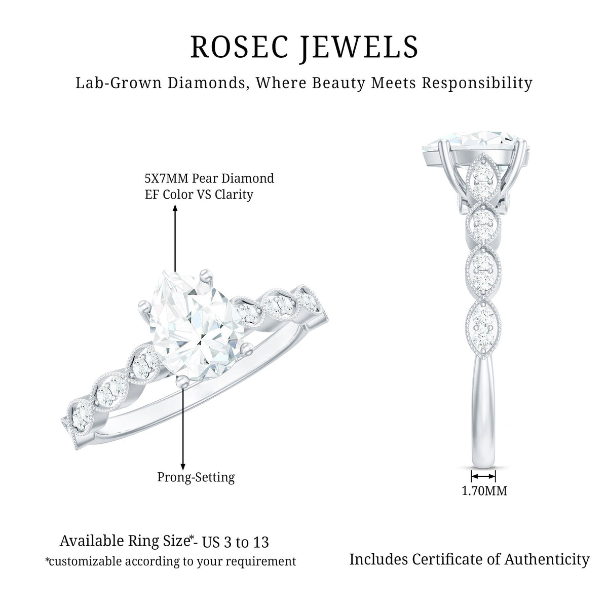 Pear Shape Lab Grown Diamond Scalloped Solitaire Ring