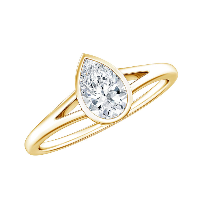 Pear cut lab-grown diamond solitaire ring with split shank setting by Rosec Jewels, showcasing the elegant design and sparkling gemstone.