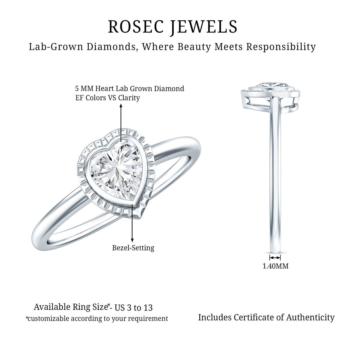 Lab Grown Diamond Heart Solitaire Ring with Engraved Details