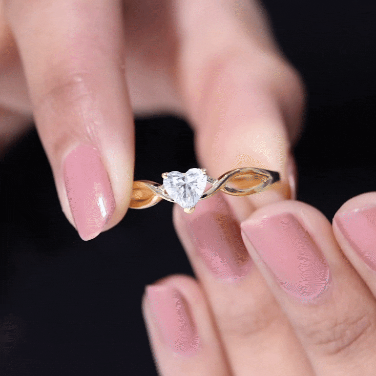 Yellow gold lab grown diamond heart promise ring with crossover shank design, crafted by Rosec Jewels.