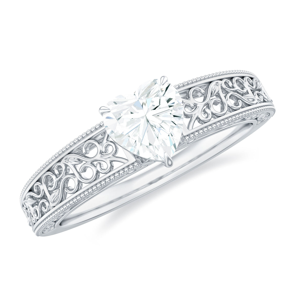Vintage Inspired Heart Shape Lab Grown Diamond Solitaire Filigree Ring