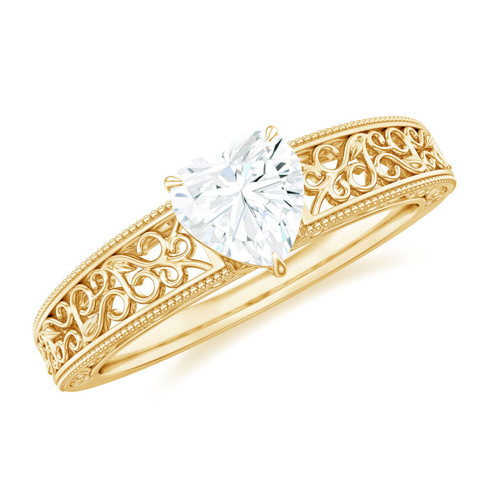 Vintage-inspired heart-shaped lab-grown diamond solitaire filigree ring from Rosec Jewels featuring intricate metalwork and sparkling center stone.