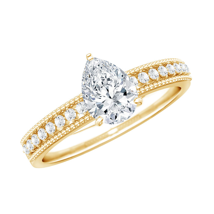 Pear-shaped lab-grown diamond solitaire engagement ring by Rosec Jewels featuring a sleek, elegant design with a prominent diamond centerpiece.