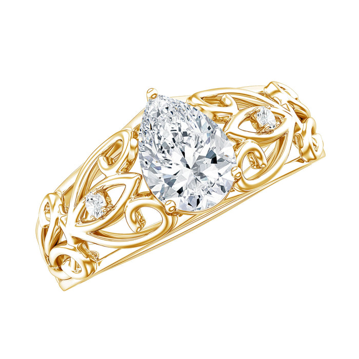 Pear-shaped lab-created diamond solitaire ring with intricate filigree design by Rosec Jewels, showcasing detailed craftsmanship.