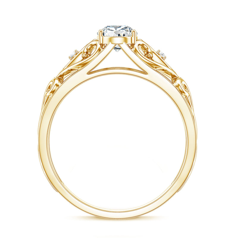 Pear-shaped lab-created diamond solitaire filigree ring by Rosec Jewels featuring intricate metalwork and a sparkling central diamond.
