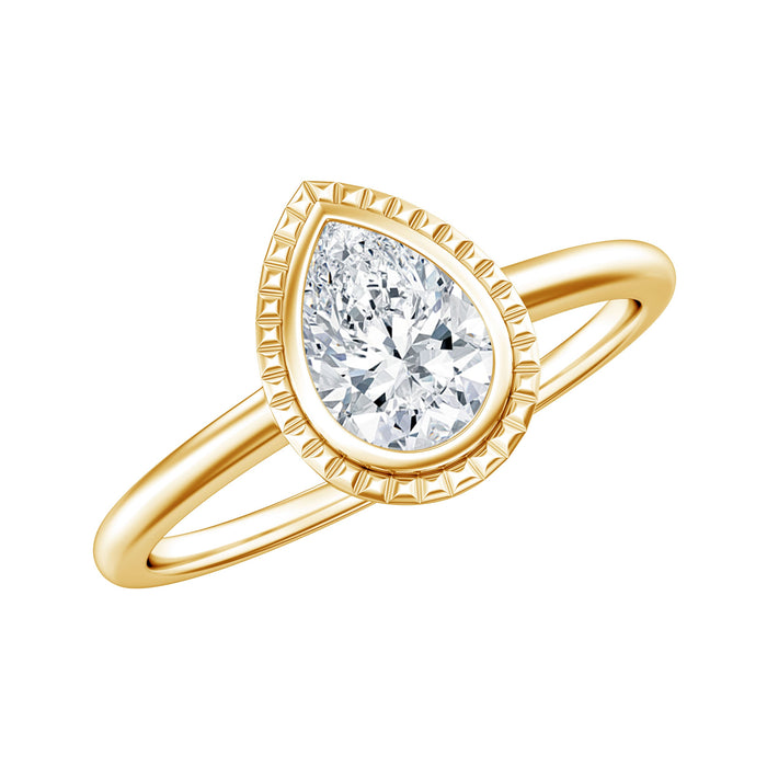 Pear cut lab grown diamond solitaire ring with engraved details by Rosec Jewels, featuring a sparkling diamond and intricate design.