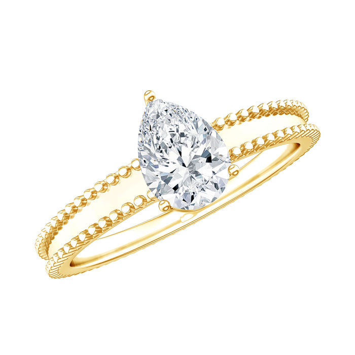 Pear-shaped lab-grown diamond solitaire ring with beaded detailing from Rosec Jewels, showcasing the elegant design and sparkling gemstone.