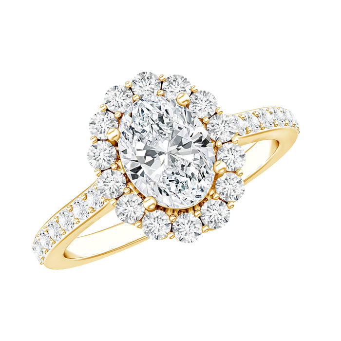 Oval shape lab-grown diamond halo engagement ring by Rosec Jewels featuring a central diamond surrounded by a delicate halo setting.