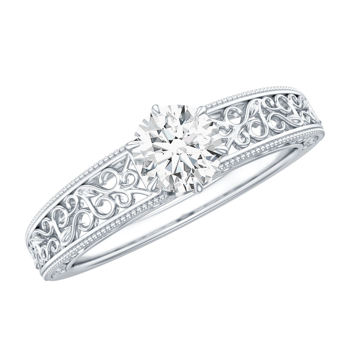 Vintage-inspired solitaire lab-grown diamond filigree ring from Rosec Jewels featuring intricate metalwork and sparkling center stone.