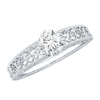 Vintage-inspired solitaire lab-grown diamond filigree ring from Rosec Jewels featuring intricate metalwork and sparkling center stone.