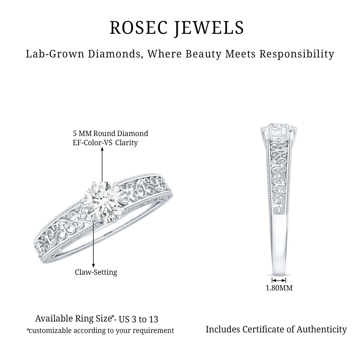 Vintage-inspired solitaire lab-grown diamond filigree ring by Rosec Jewels, showcasing intricate metalwork and a sparkling central diamond.