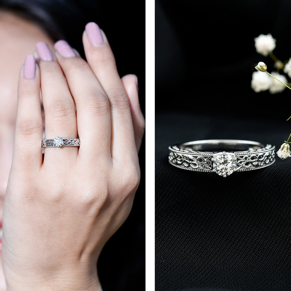 Vintage-inspired solitaire lab-grown diamond filigree ring from Rosec Jewels featuring intricate metalwork and a central sparkling diamond.