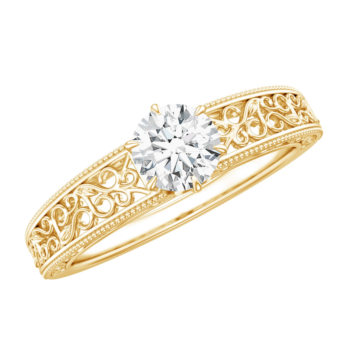 Vintage-inspired solitaire lab-grown diamond filigree ring by Rosec Jewels, featuring intricate metalwork and a central sparkling diamond.