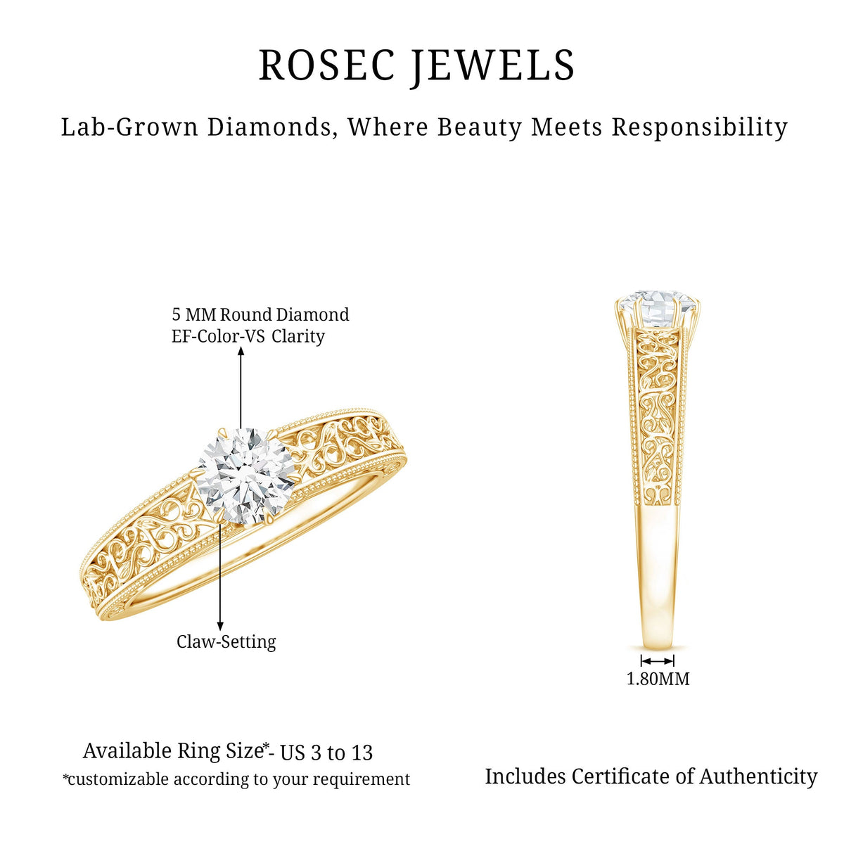 Vintage-inspired solitaire lab-grown diamond filigree ring from Rosec Jewels featuring intricate metalwork and a central sparkling diamond.