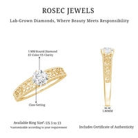 Vintage-inspired solitaire lab-grown diamond filigree ring from Rosec Jewels featuring intricate metalwork and a central sparkling diamond.