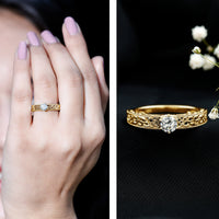 Vintage inspired solitaire lab-grown diamond filigree ring by Rosec Jewels featuring intricate metalwork and a prominent central diamond.