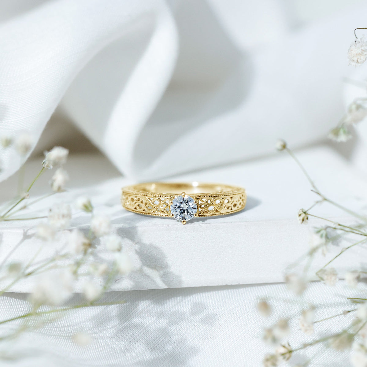 Vintage inspired solitaire lab-grown diamond filigree ring with intricate metalwork, crafted by Rosec Jewels.