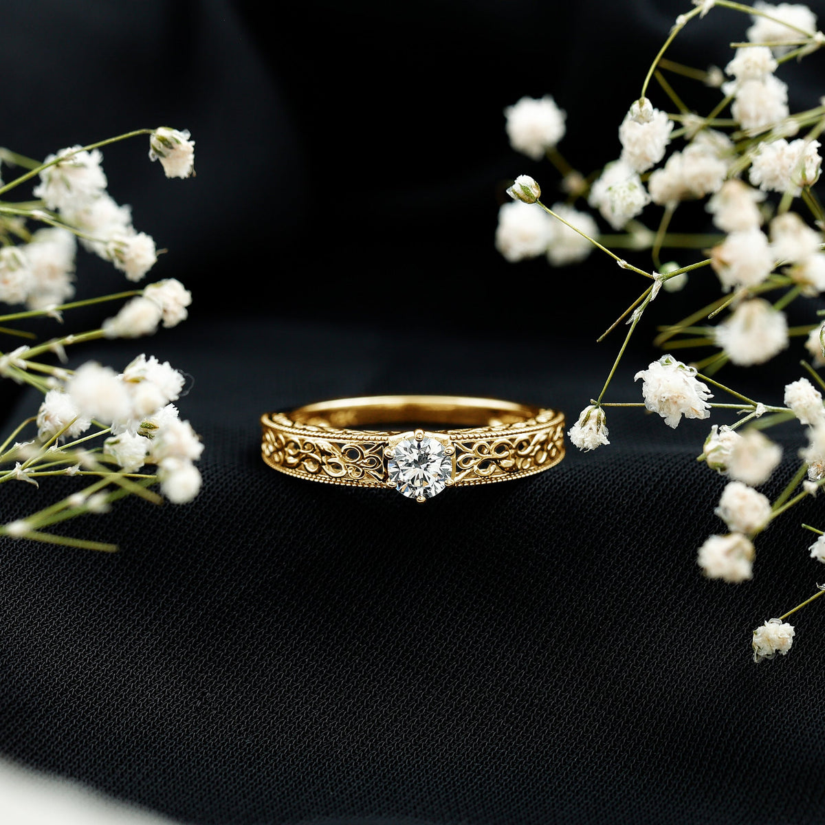 Vintage-inspired solitaire lab-grown diamond filigree ring by Rosec Jewels featuring intricate metalwork and a central sparkling diamond.