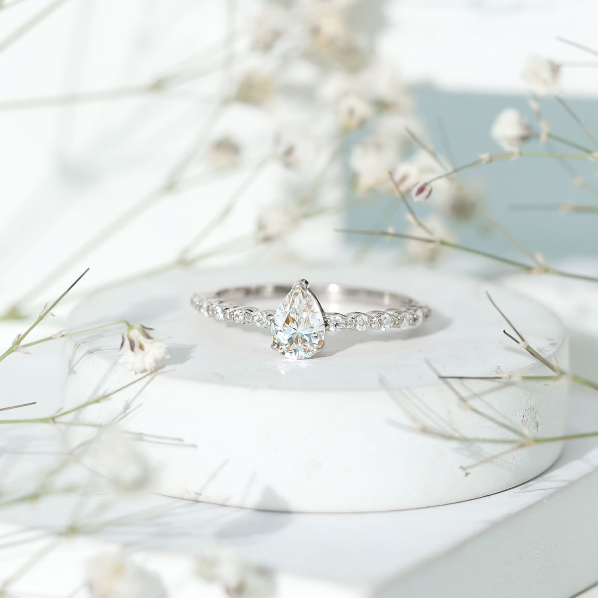Pear Shape Lab Grown Diamond Solitaire Promise Ring with Side Stones