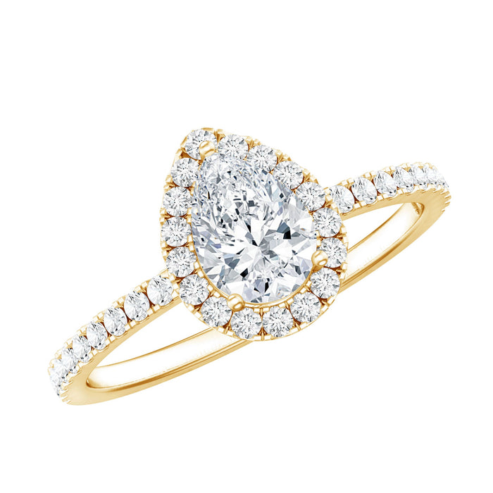 Rosec Jewels classic lab-grown diamond pear-shaped engagement ring with halo setting, featuring intricate design details.