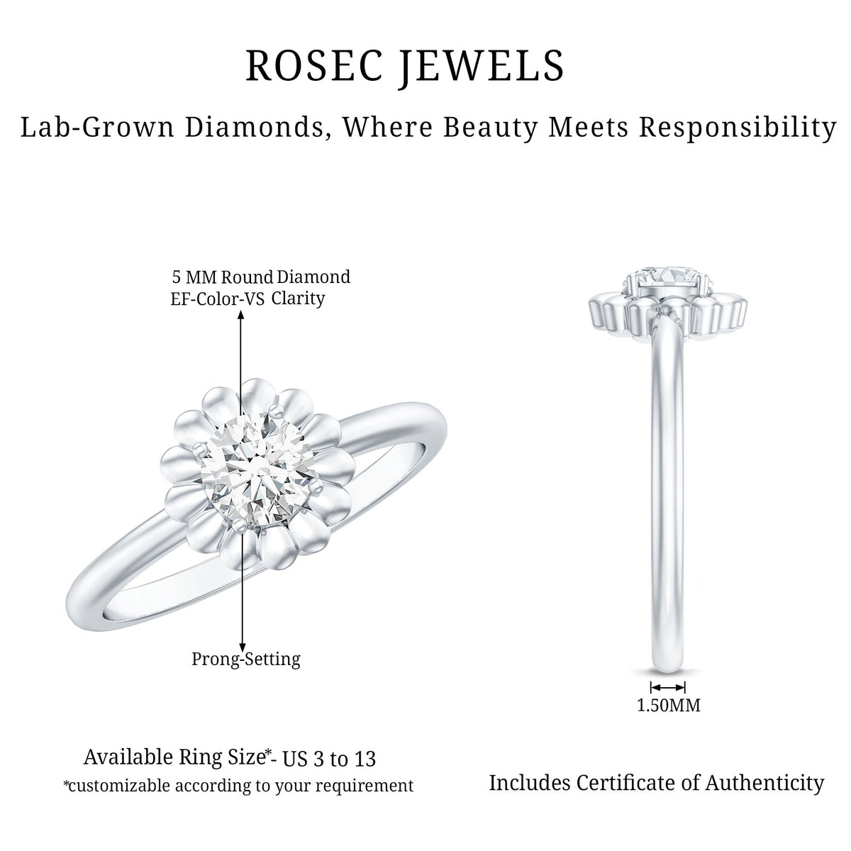 Solitaire Lab Grown Diamond Flower Ring