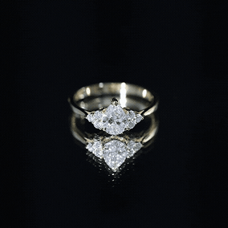 Yellow gold Pear Cut Lab Grown Diamond Trio Engagement Ring by Rosec Jewels featuring three sparkling pear-shaped diamonds.