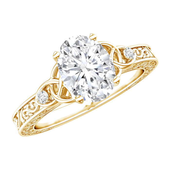 Antique style oval lab-grown diamond solitaire Celtic knot ring by Rosec Jewels, showcasing intricate metalwork and sparkling gemstone.