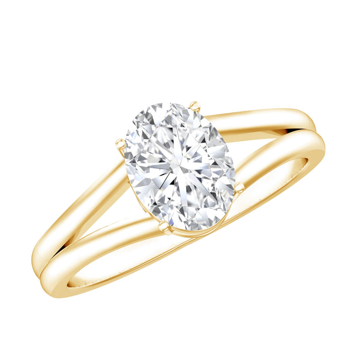 Oval lab-grown diamond solitaire ring with split shank design by Rosec Jewels, showcasing a sparkling central diamond on a sleek band.