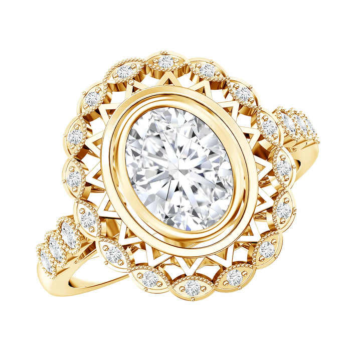Vintage oval lab-grown diamond engagement ring by Rosec Jewels with intricate design and sparkling center stone.