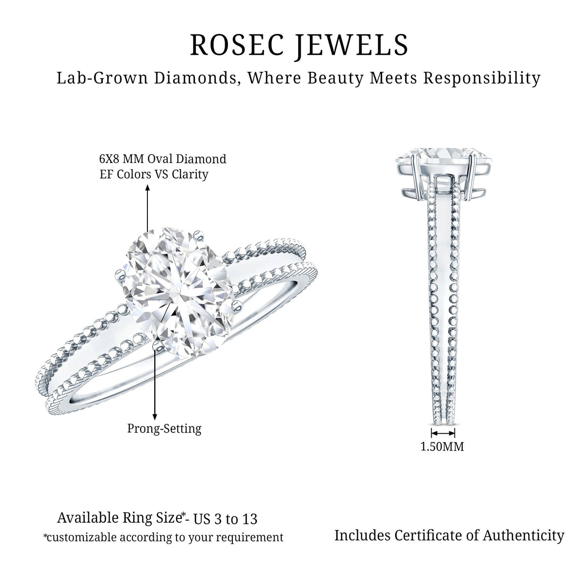 Oval Shaped Lab Grown Diamond Solitaire Ring with Beaded Detailing