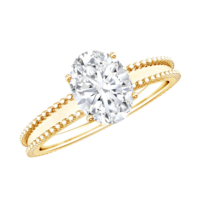 Oval-shaped lab-grown diamond solitaire ring with beaded detailing by Rosec Jewels, showcasing a elegant and sparkling design.