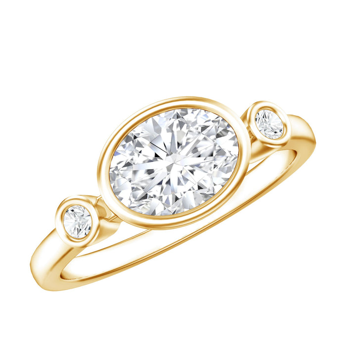 Bezel set oval lab-grown diamond engagement ring with east-west design by Rosec Jewels, showcasing the ring's detailed craftsmanship.