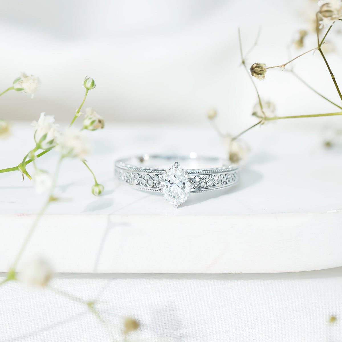 Oval Shape 1.2 Carat Lab Grown Diamond Filigree Engagement Ring
