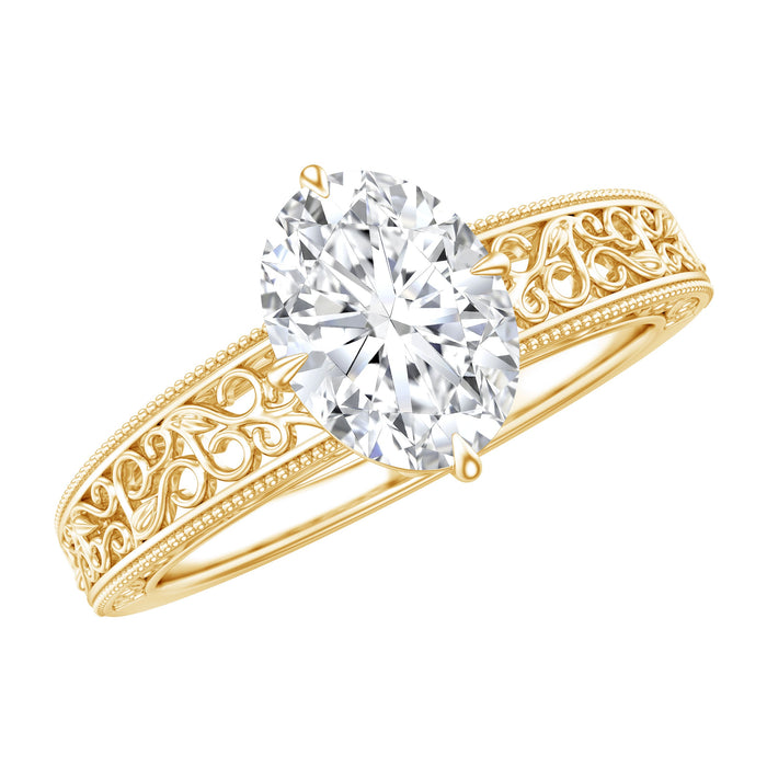 Oval shape 1.2 carat lab grown diamond filigree engagement ring by Rosec Jewels, intricate metalwork with sparkling central diamond.