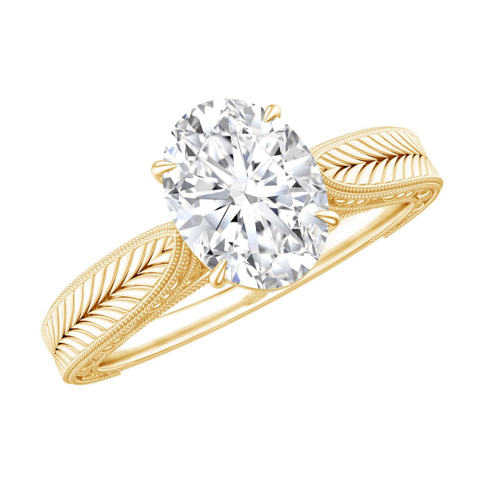 Oval-shaped lab-grown diamond solitaire engagement ring set in a claw setting by Rosec Jewels.