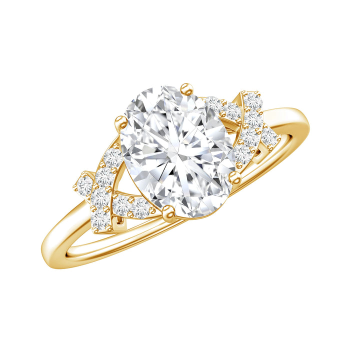 Oval-shaped lab-grown diamond solitaire ring with split shank design by Rosec Jewels, showcasing a sparkling central diamond.