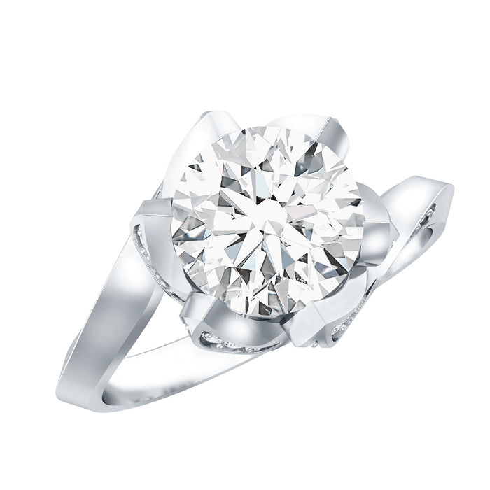 Two-carat moissanite floral engagement ring with bypass shank by Rosec Jewels, showcasing intricate floral design and sparkling gemstone.