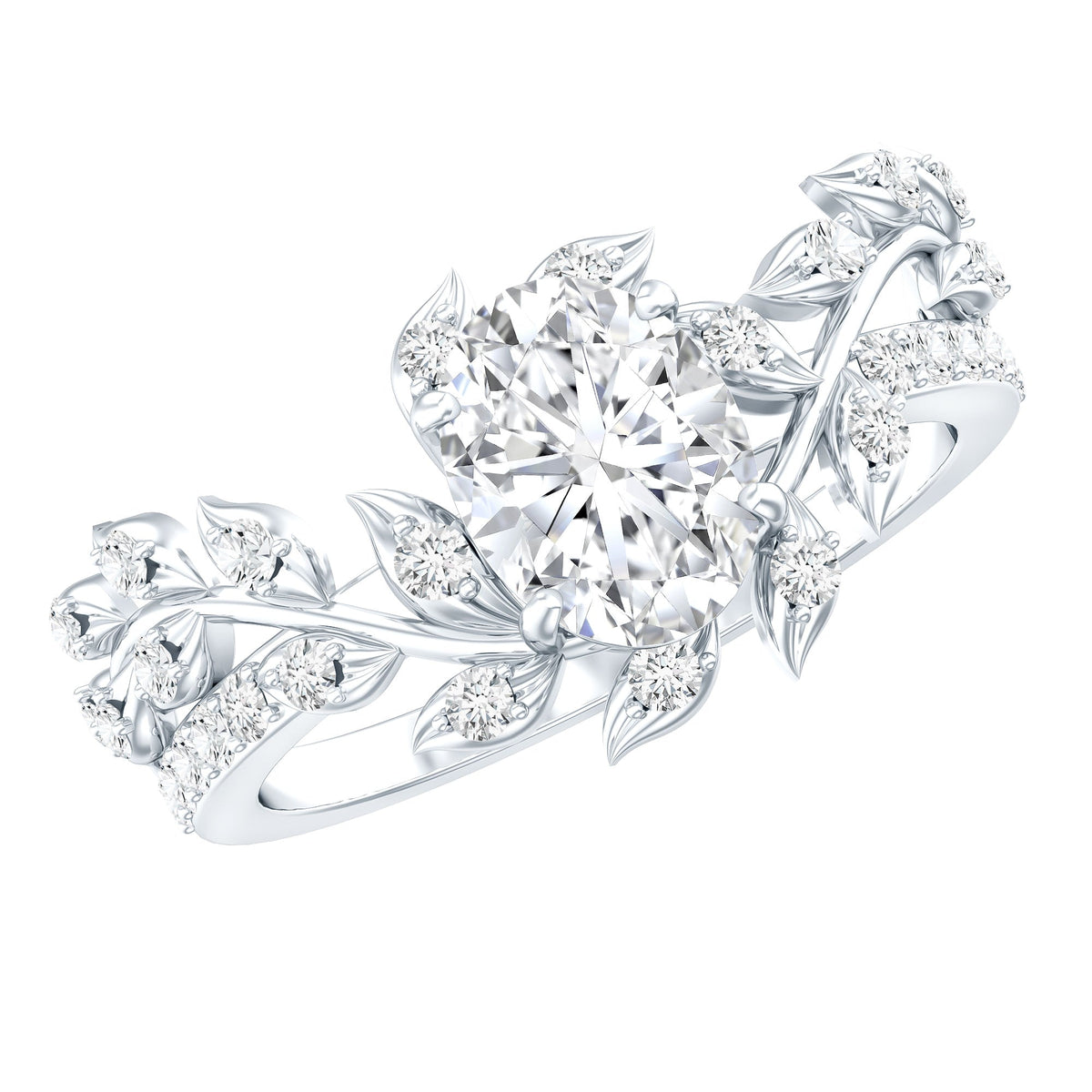 Certified 1.2 carat moissanite vine engagement ring in silver with intricate floral design, from Rosec Jewels.