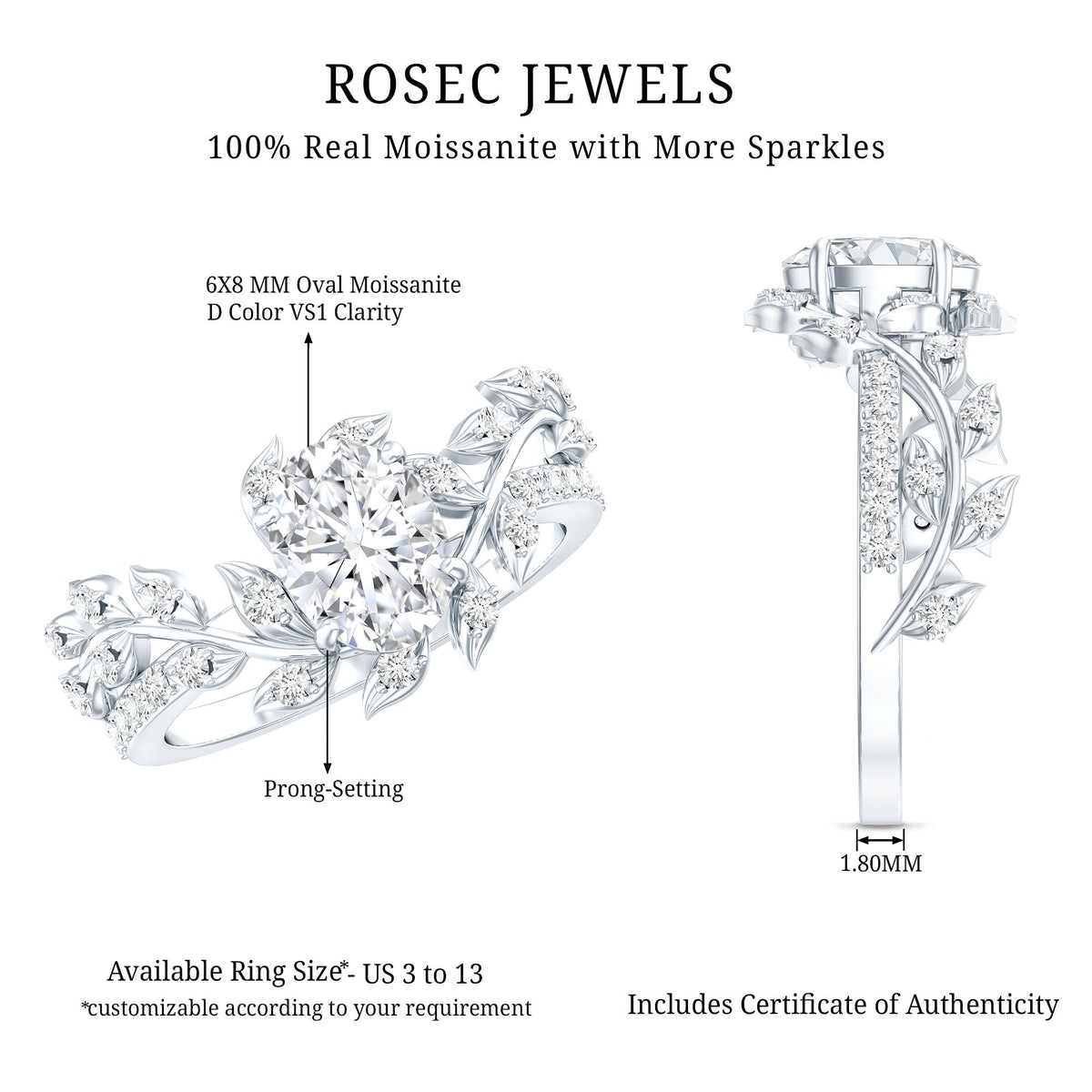 Certified 1.2 carat moissanite vine engagement ring in silver with intricate floral design, showcasing sparkling gemstones.