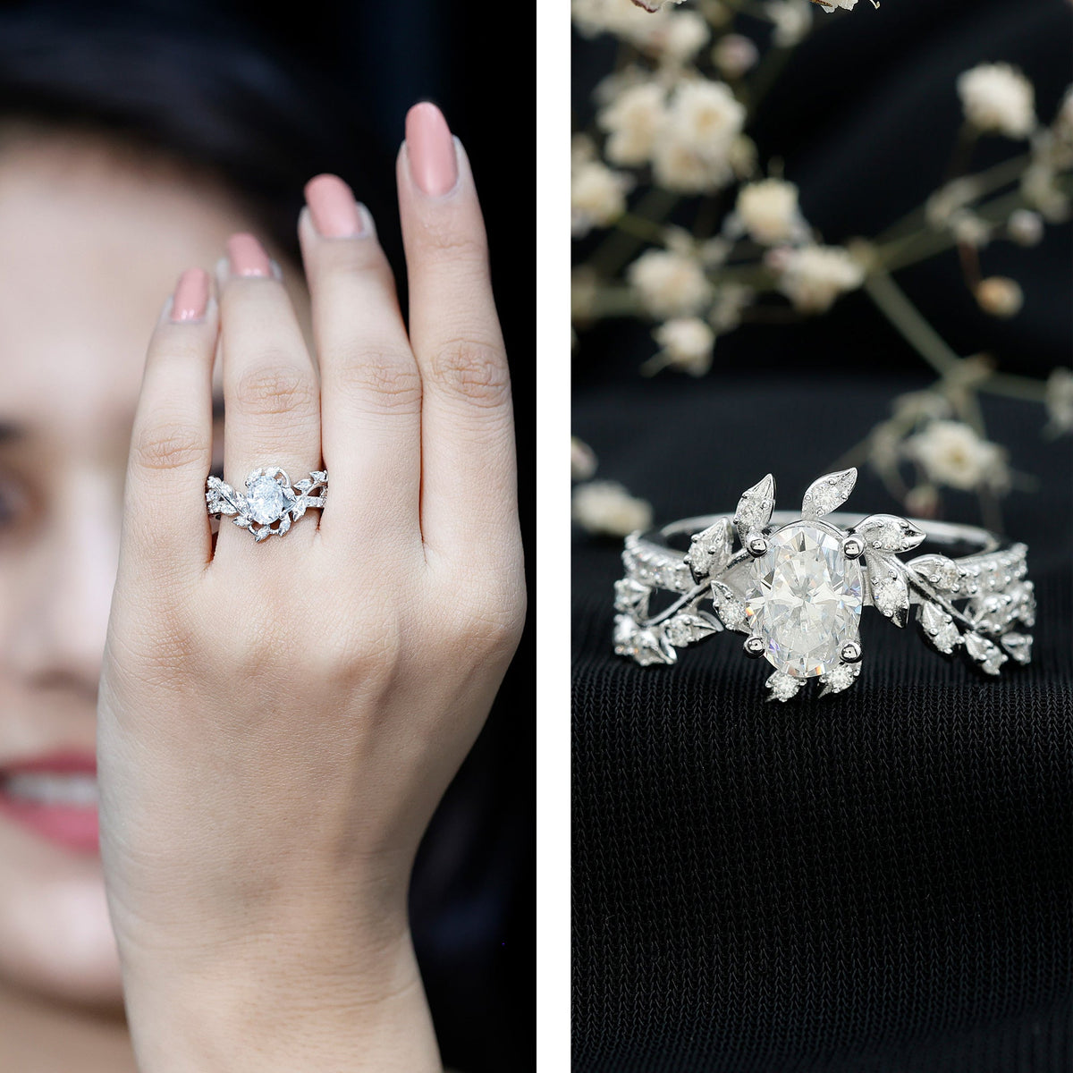 Certified 1.2 carat moissanite vine engagement ring in silver, featuring intricate design and sparkling stones.