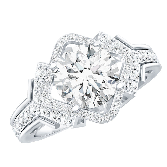 Certified 2 Carat round cut moissanite antique engagement ring from Rosec Jewels, showcasing intricate vintage design and sparkling gemstone.