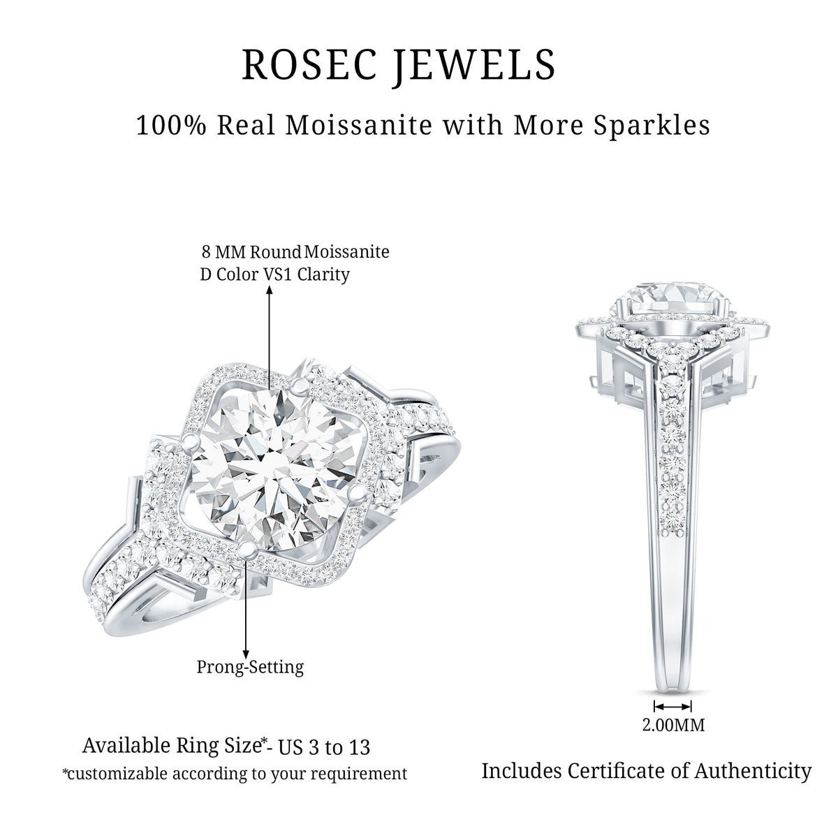 Certified 2 Carat Round Cut Moissanite Antique Engagement Ring