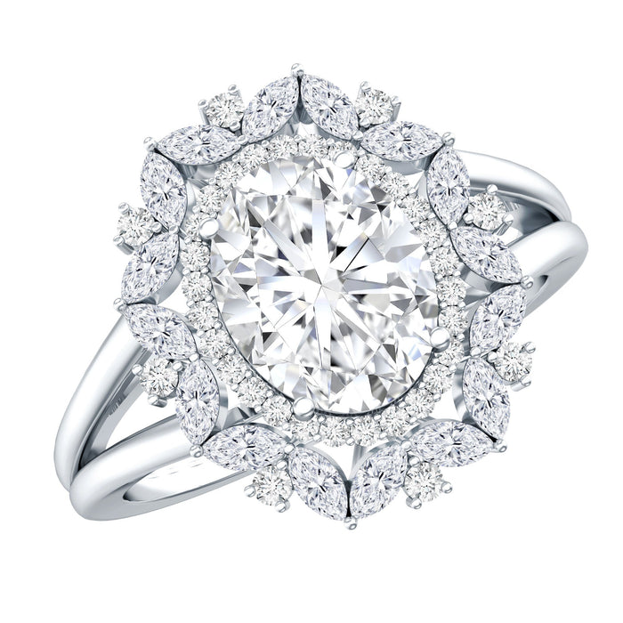 Certified 2 Carat Oval Moissanite double halo engagement ring featuring intricate detailing and sparkling brilliance by Rosec Jewels.