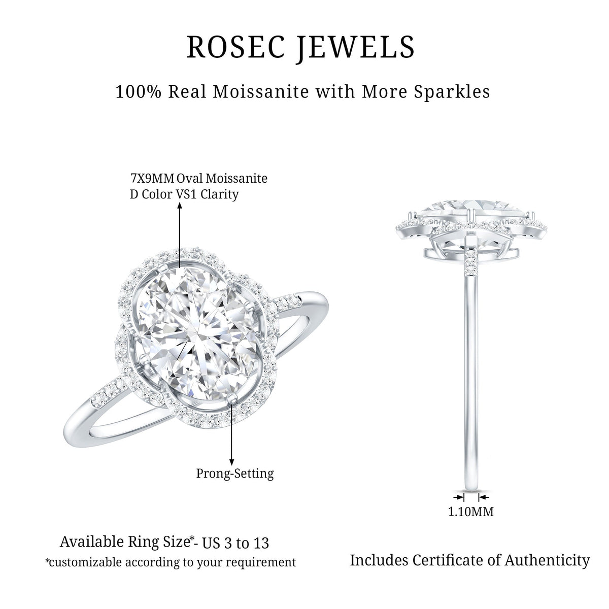 Vintage-inspired 2 Carat Moissanite engagement ring in silver with intricate design and sparkling center stone from Rosec Jewels.